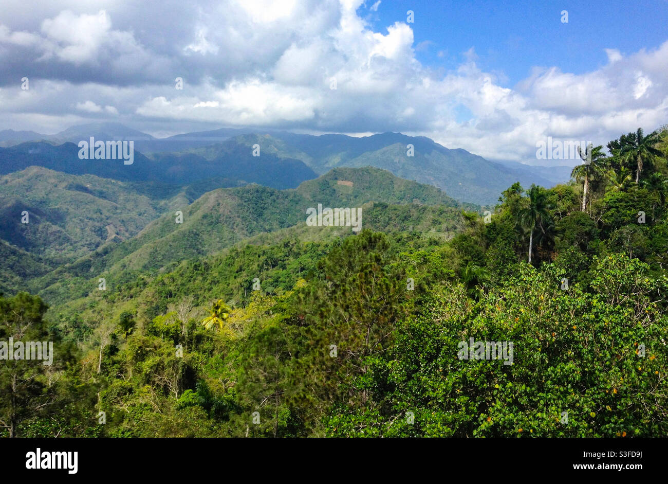 View from above over the Sierra Maestra mountain range with jungle, Cuba, Caribbean - Smartphone Captured Stock Image