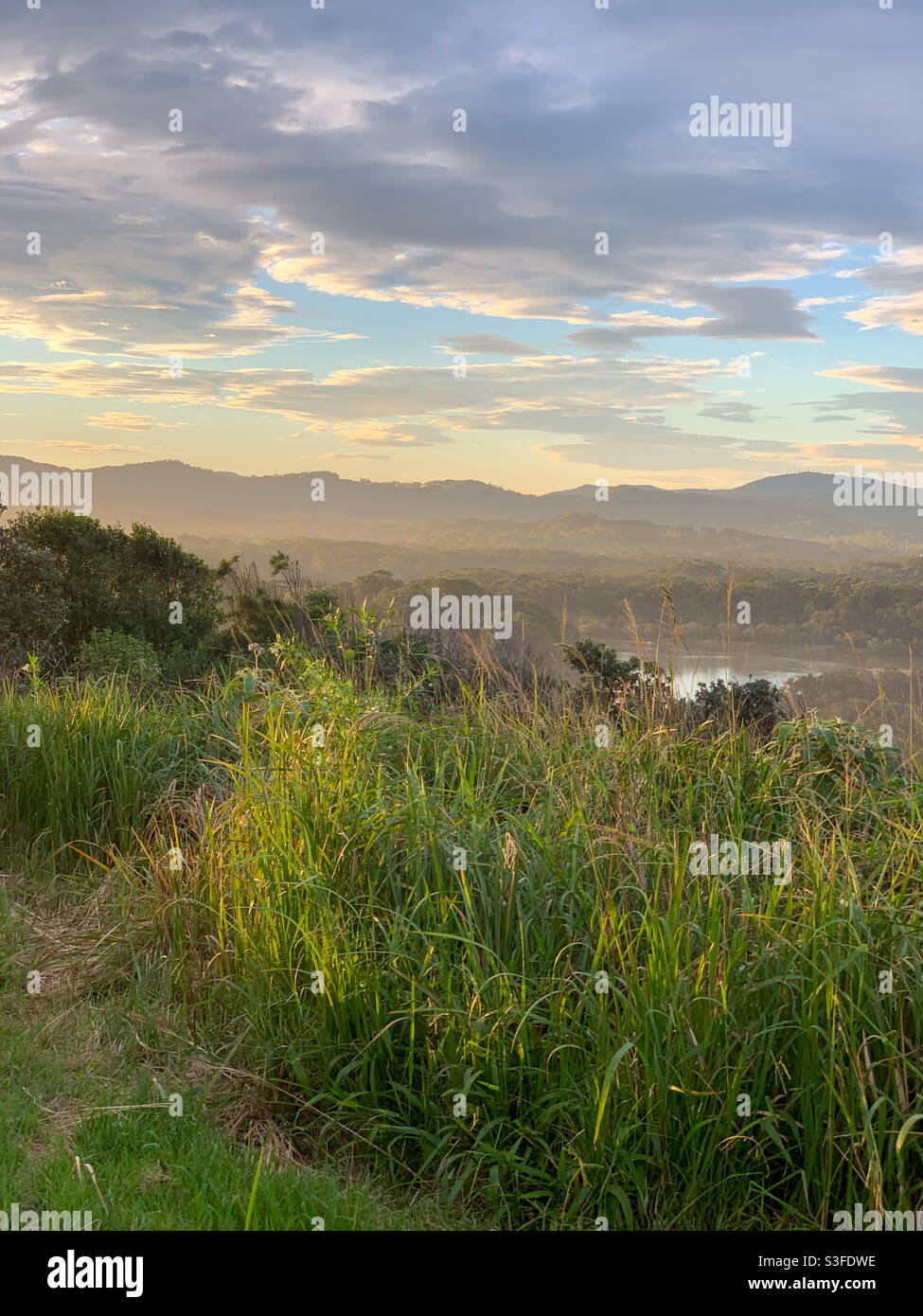 A scenic view. Australian countryside, hills, bush and water from up high on the headland, Sawtell Australia - Smartphone Captured Stock Image