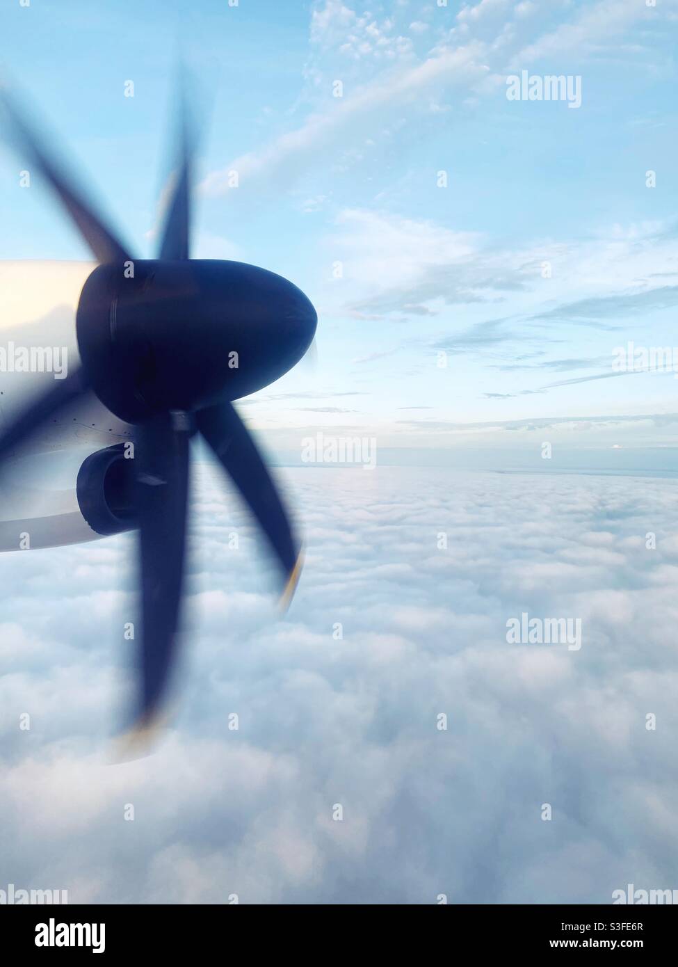 Propeller of a Bombardier Q400 turboprop plane in flight. Stock Photo