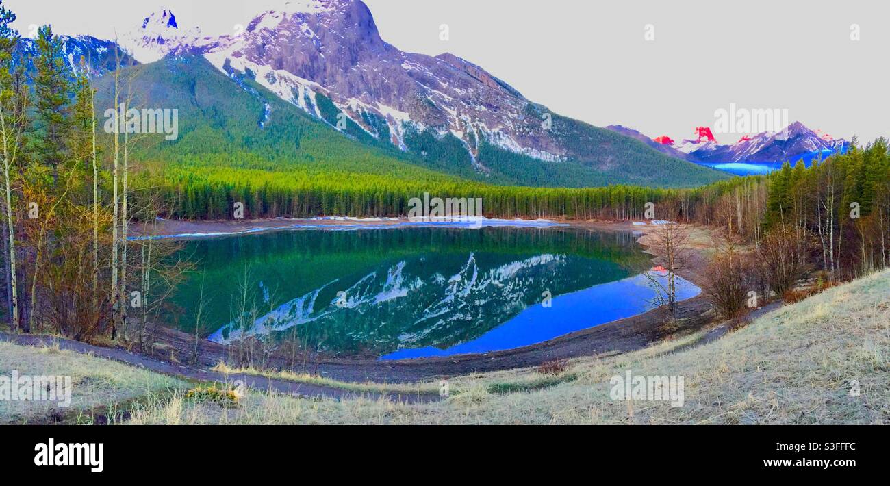Sunrise. Wedge Pond, Kananaskis Country, Rocky Mountains, Canadian Rockies, scenic, landscape, mountains, lake - Smartphone Captured Stock Image