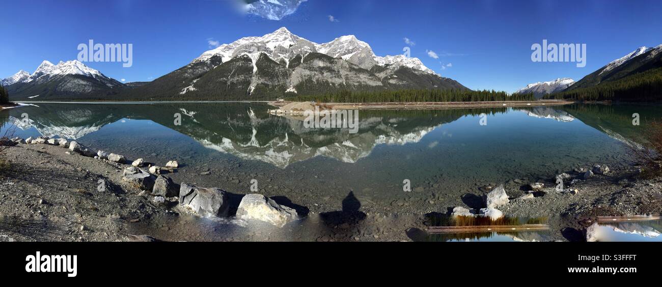 Lower Kananaskis Lake, Kananaskis Country, Rocky Mountains, Canadian Rockies, scenic, landscape, mountains, lake, mirror, reflection, glassy - Smartphone Captured Stock Image