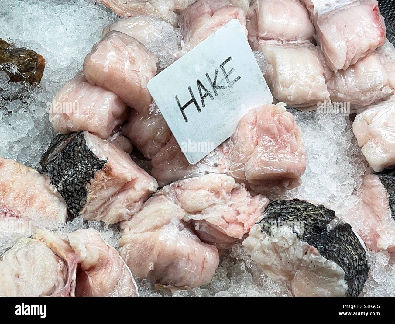 Fresh pieces of hake fish on ice in the display cabinet of a restaurant - Smartphone Captured Stock Image