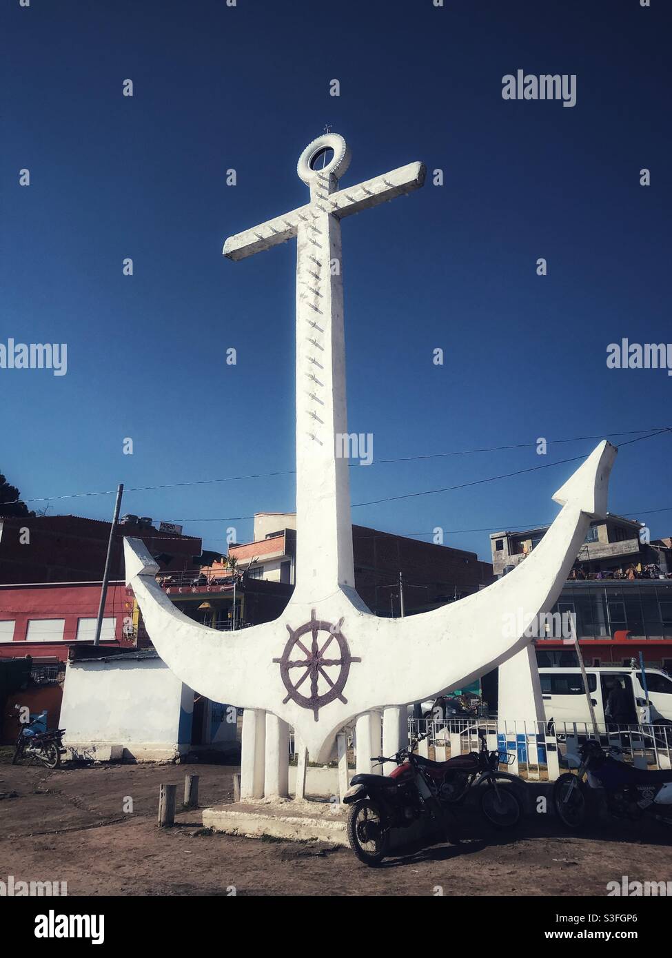 Giant white anchor in Copacabana, Bolivia - Smartphone Captured Stock Image