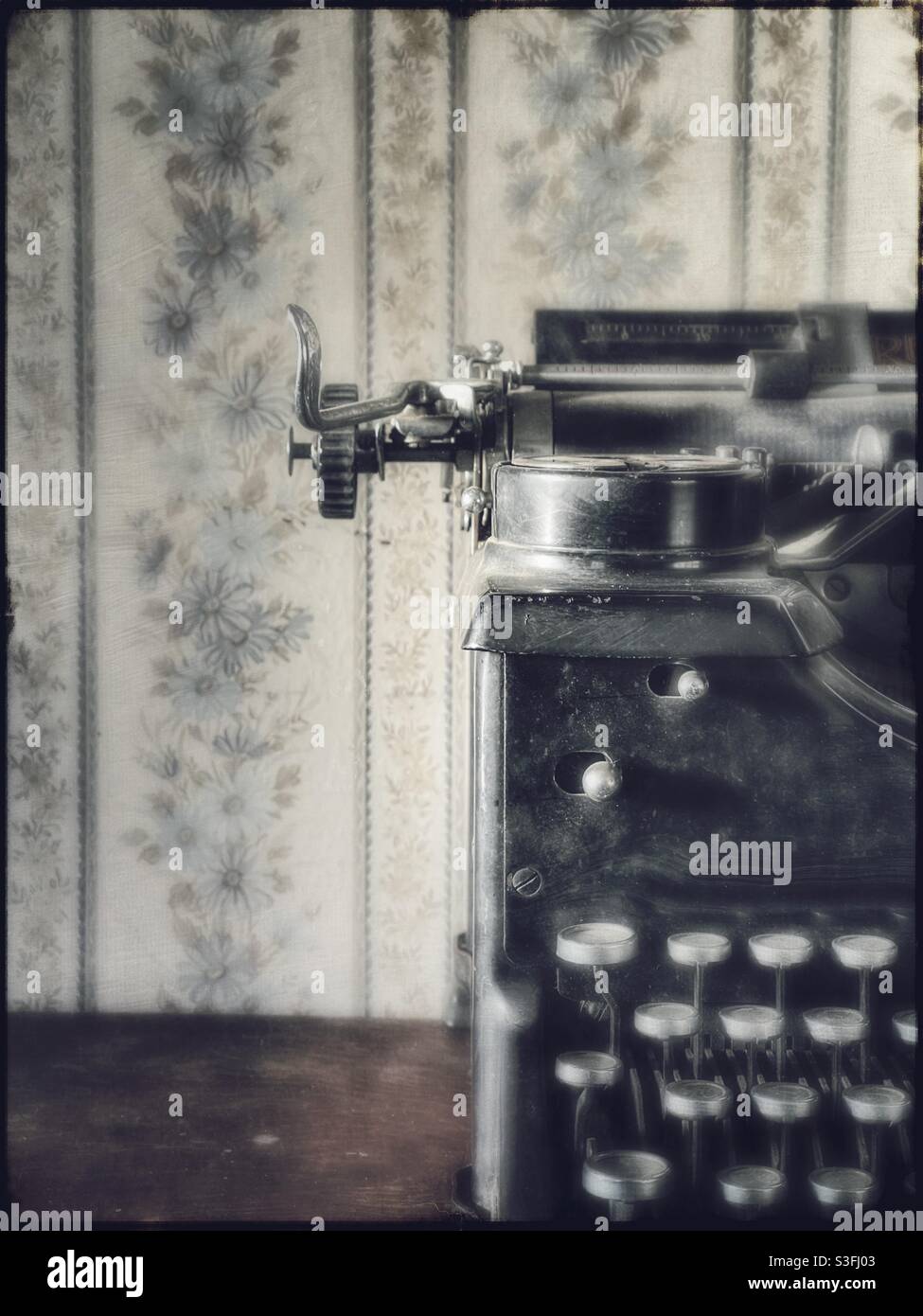 Vintage typewriter in front of vintage looking wallpaper Stock Photo