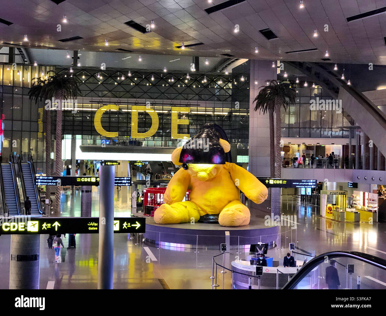 The giant teddy bear sculpture in the transit area of Hamad International Airport, Doha, Qatar. Stock Photo