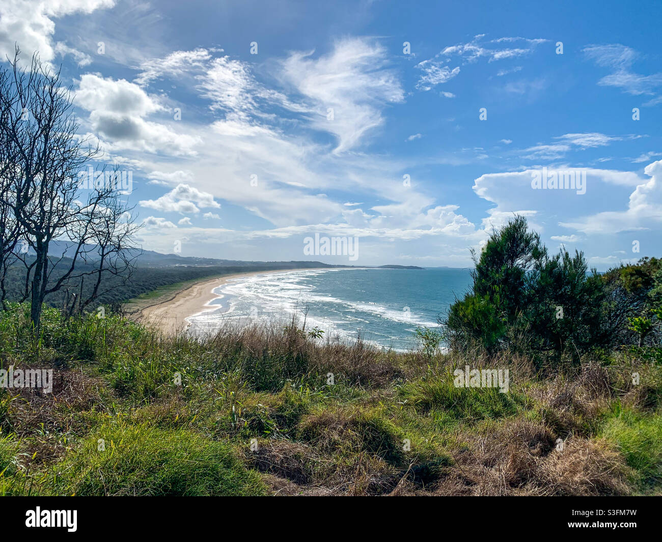 Beautiful beach. Shoreline of bush, sand and sea. Looking down from the headland - Smartphone Captured Stock Image