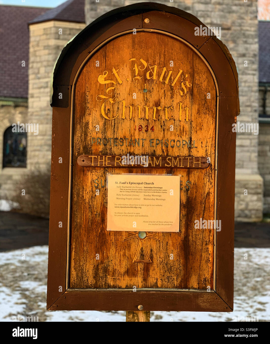 Sign, St. Paul’s Episcopal Church, Stockbridge, Berkshire County, Massachusetts, United States - Smartphone Captured Stock Image
