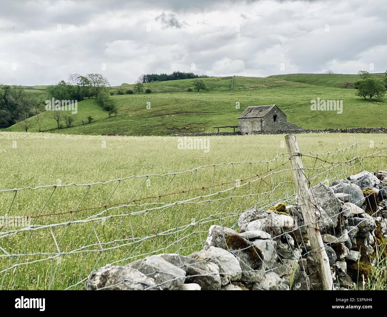 Scenic rural landscape with dramatic grey sky in Malham, Yorkshire Dales National Park, UK. Rolling hills and green pastures with dry stone wall - Smartphone Captured Stock Image