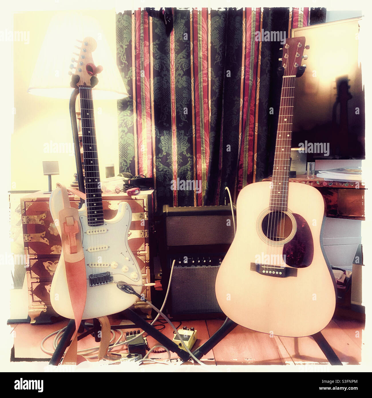 An electric guitar and an acoustic guitar in hanging stands with an