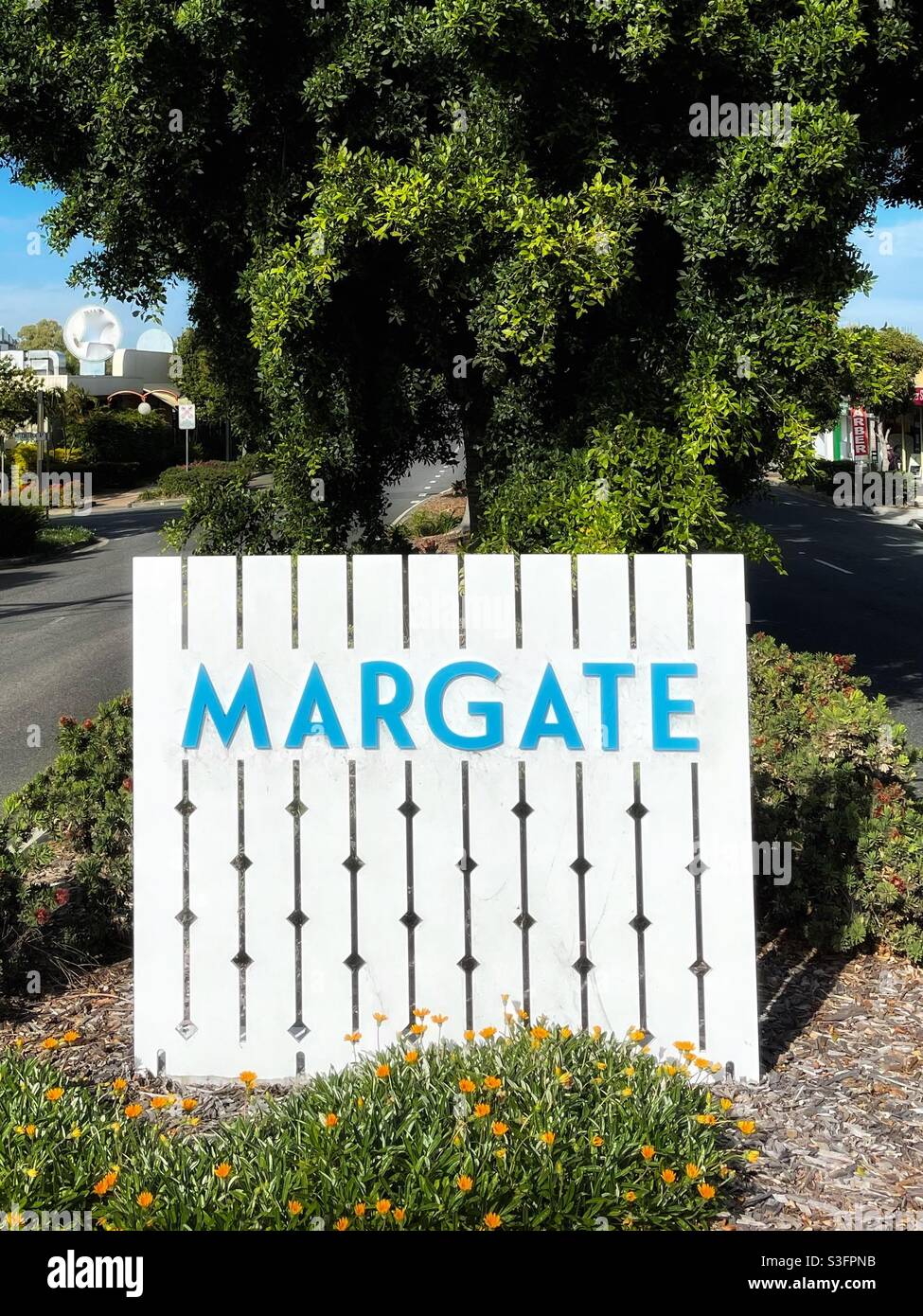 Sign marking the boundary of the suburb of Margate, near Brisbane, Queensland, Australia - Smartphone Captured Stock Image