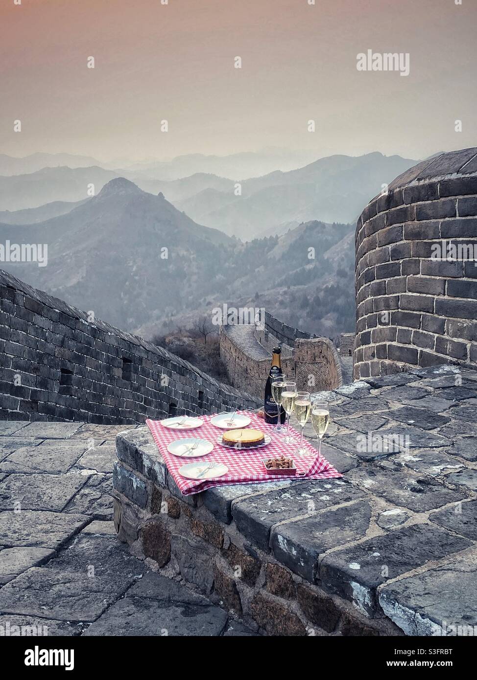 Picnic at the Great Wall of China. Stock Photo