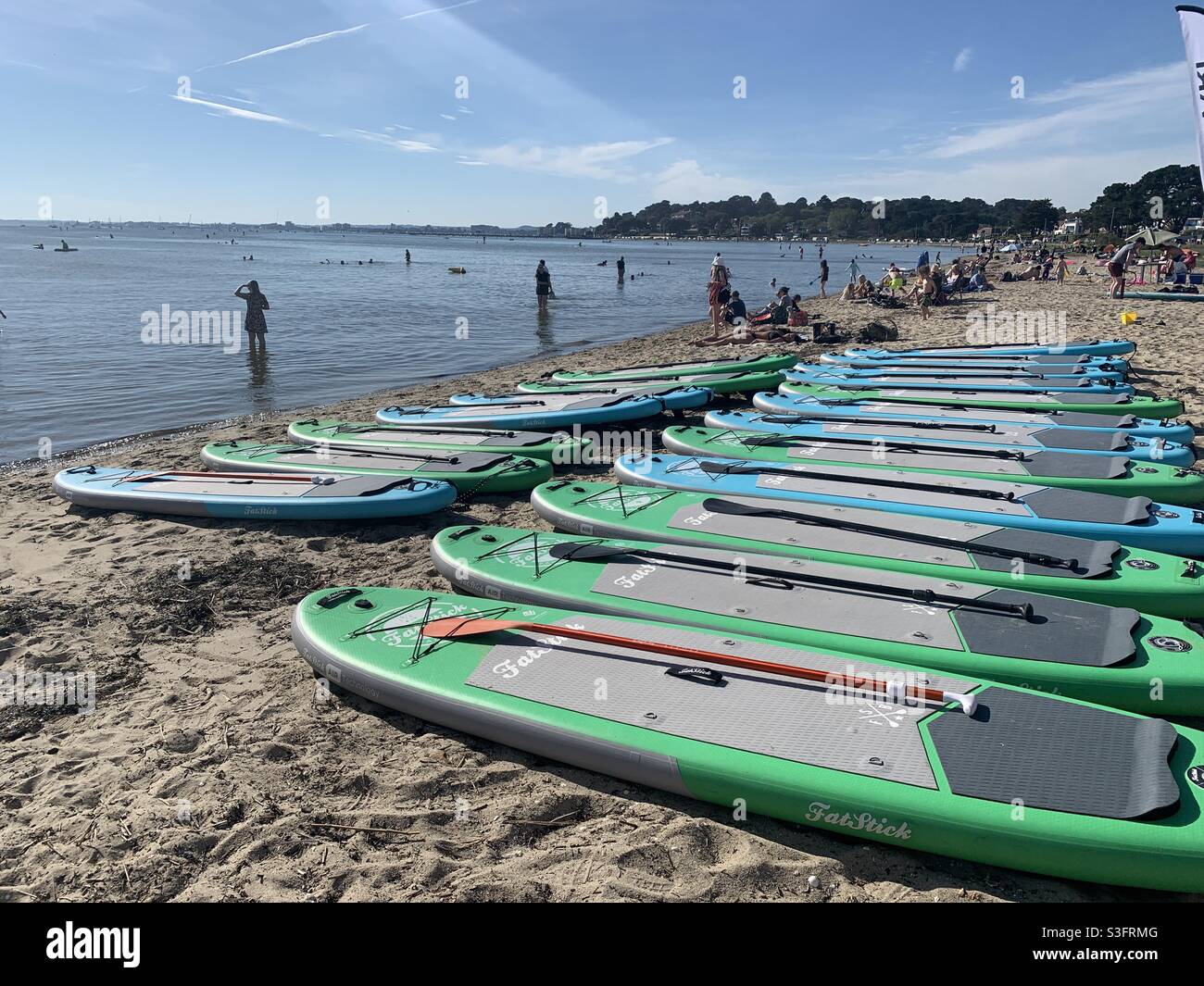 Stand up paddle boards on the beach at Poole Dorset - Smartphone Captured Stock Image