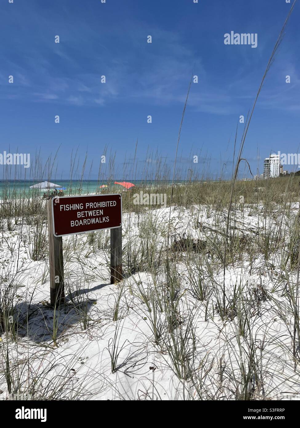 Fishing prohibited sign on Destin, Florida white sand beach at Henderson Beach State Park - Smartphone Captured Stock Image
