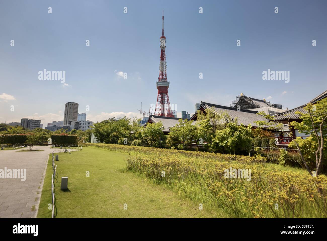 Tokyo Tower is located in 4 Chome 2-8, Shiba Park in Minato Ward, Tokyo, Japan, 2nd tallest Tower in Japan, measuring height 332.9 meters. It's near Zozoji Temple. Stock Photo