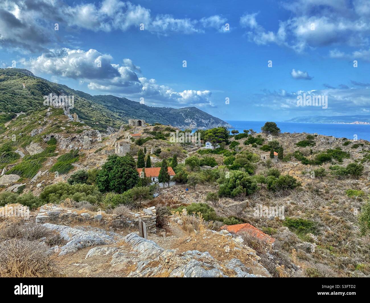 Kastro Fortress ruins with sea in the background on Skiathos island in Greece. - Smartphone Captured Stock Image