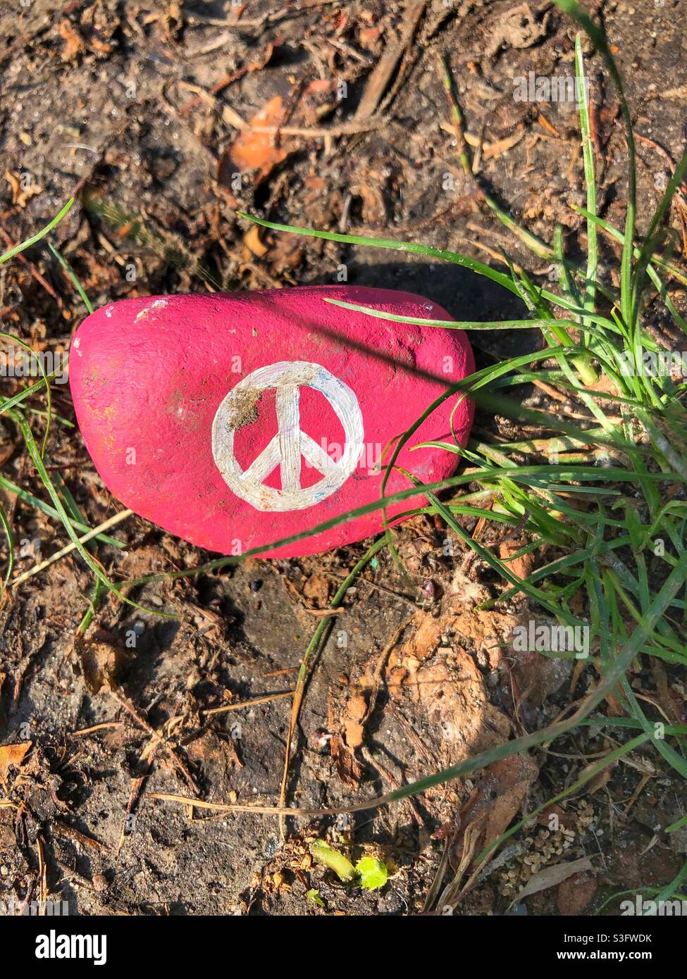 A painted red rock with the white peace symbol on the ground. - Smartphone Captured Stock Image