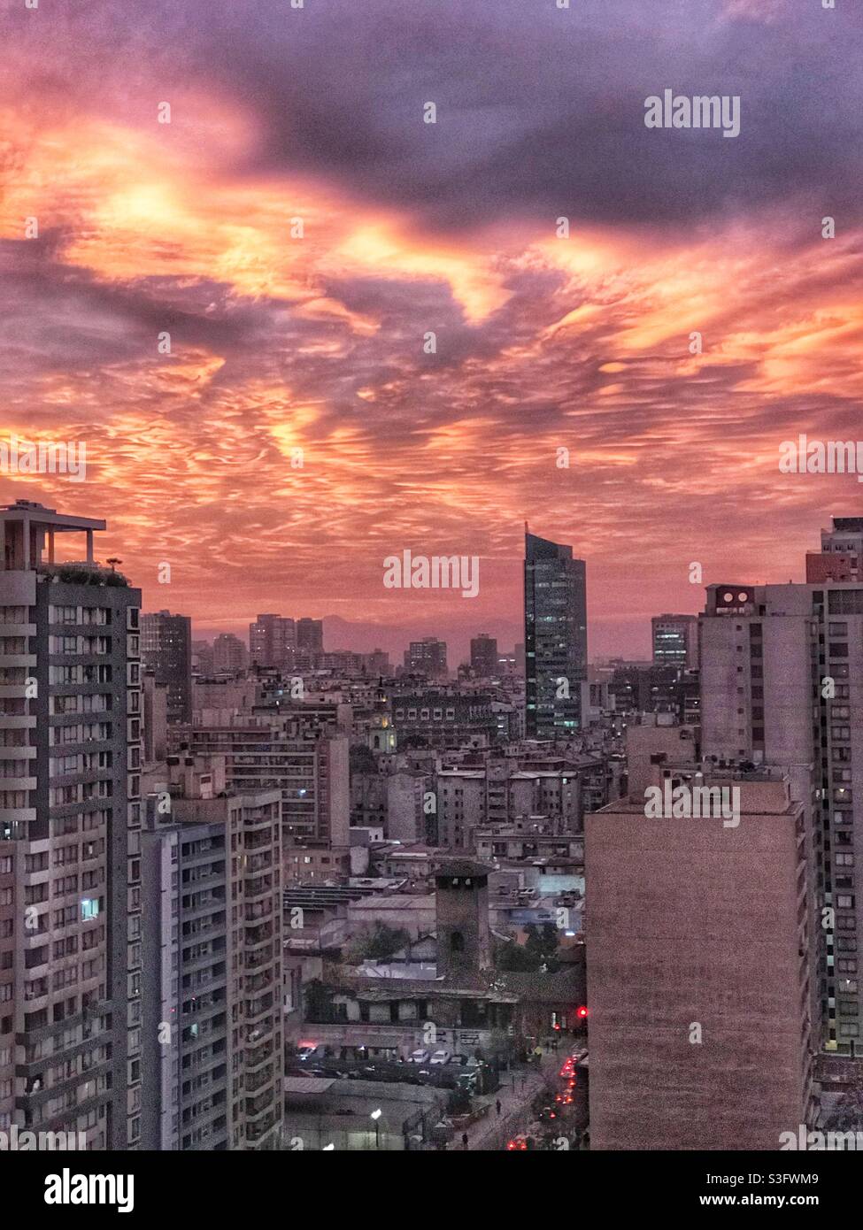 Dramatic sunset over Santiago, Chile - Smartphone Captured Stock Image