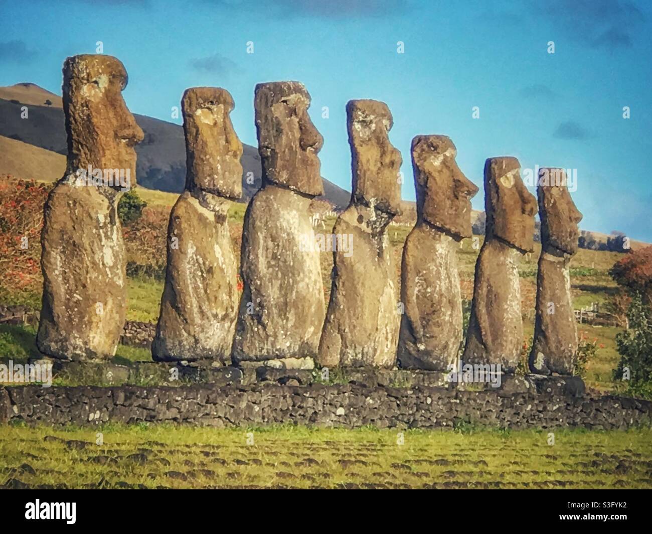 Seven Moai at Ahu Akivi on Easter Island, Chile - Smartphone Captured Stock Image