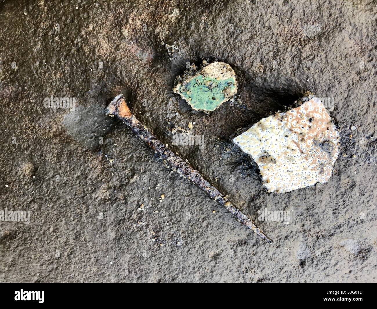 Anaerobic Mud of River Thames preserved old nail and pottery shards Stock Photo