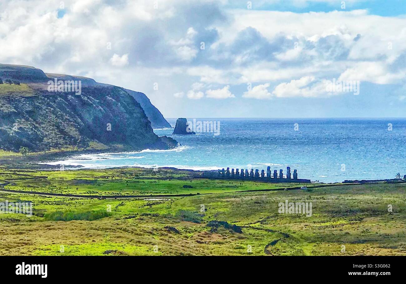 Long distance view to Ahu Tongariki on Easter Island, Chile - Smartphone Captured Stock Image