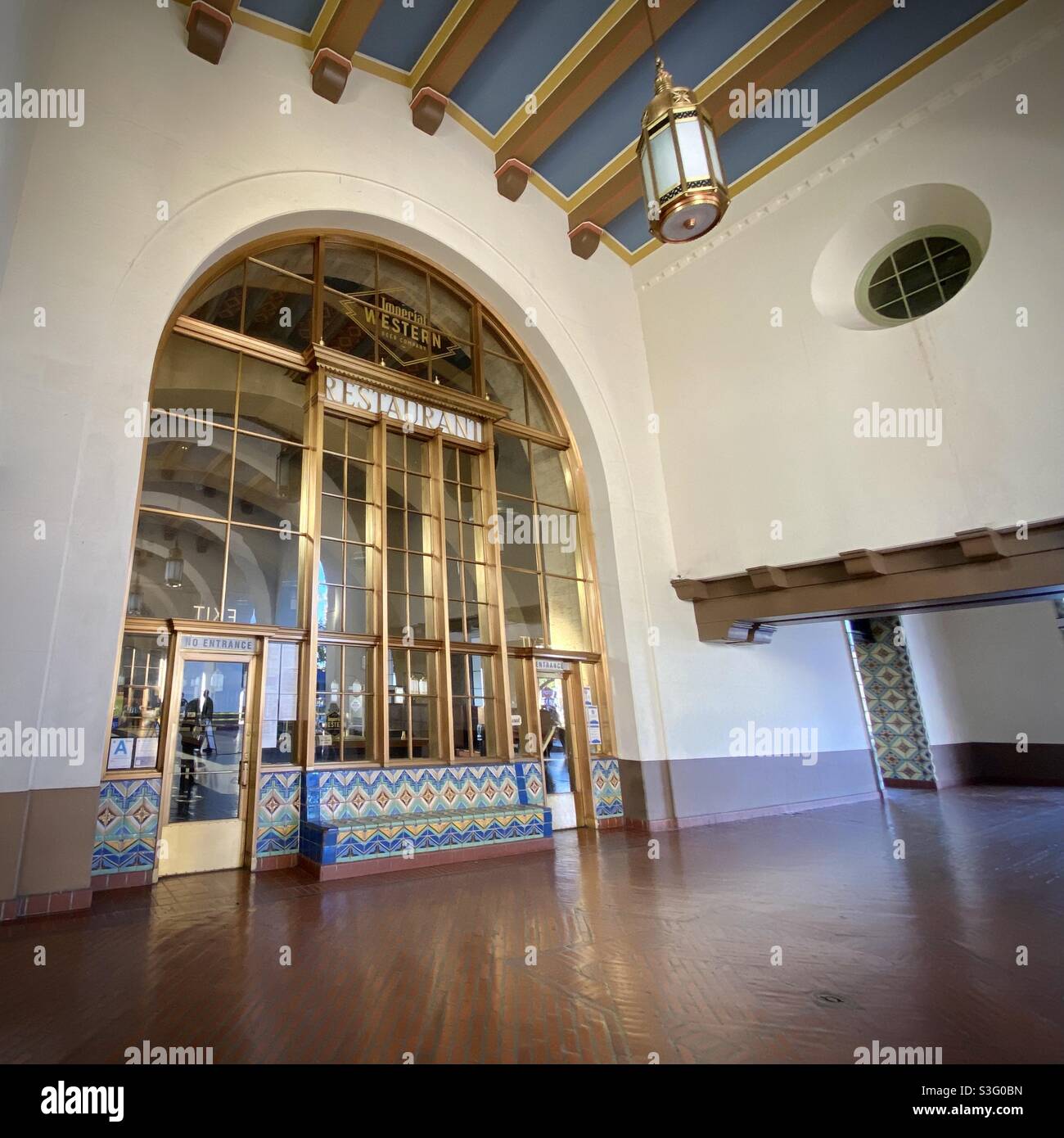 LOS ANGELES, CA, DEC 2020: restaurant and bar entrance at Union Station in Downtown - Smartphone Captured Stock Image