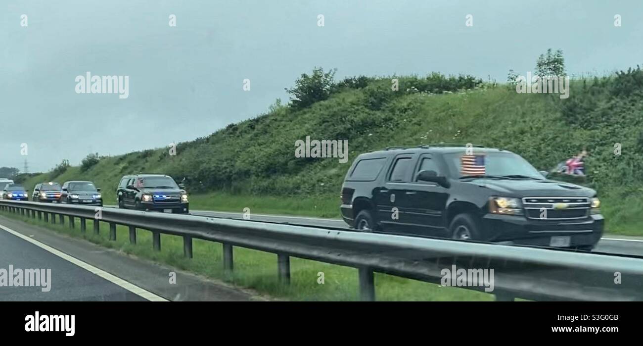 The President of the United States Motorcade on the A30 road in Cornwall where he is attending the G7 summit. Joe Biden. - Smartphone Captured Stock Image