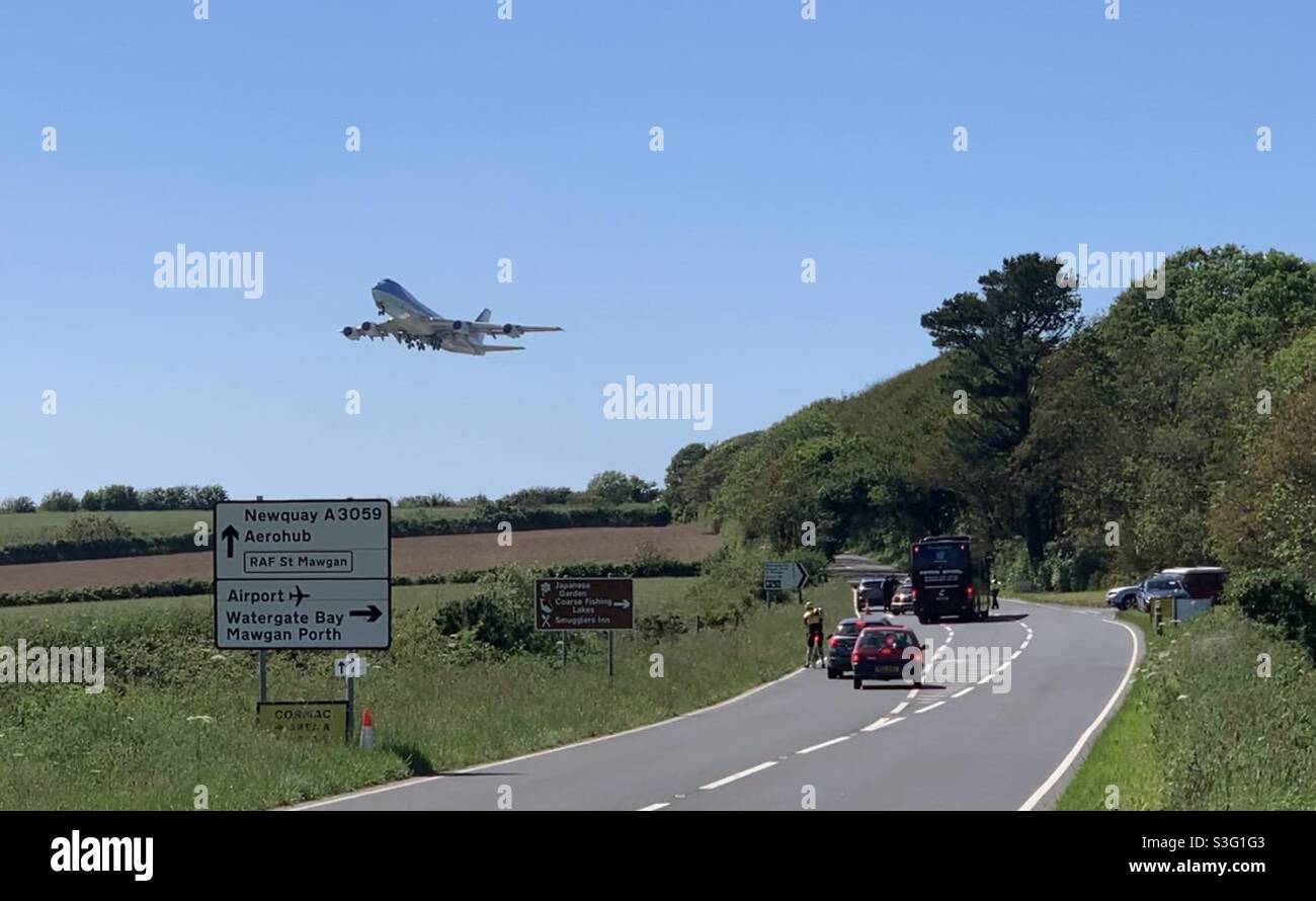 Air Force One taking off from Newquay Airport, UK. Following the G7 Summit in Cornwall. Stock Photo