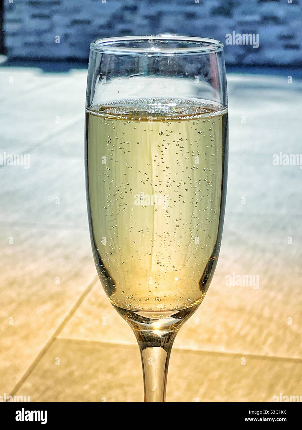 Flute glass of champagne outdoors in a garden Stock Photo