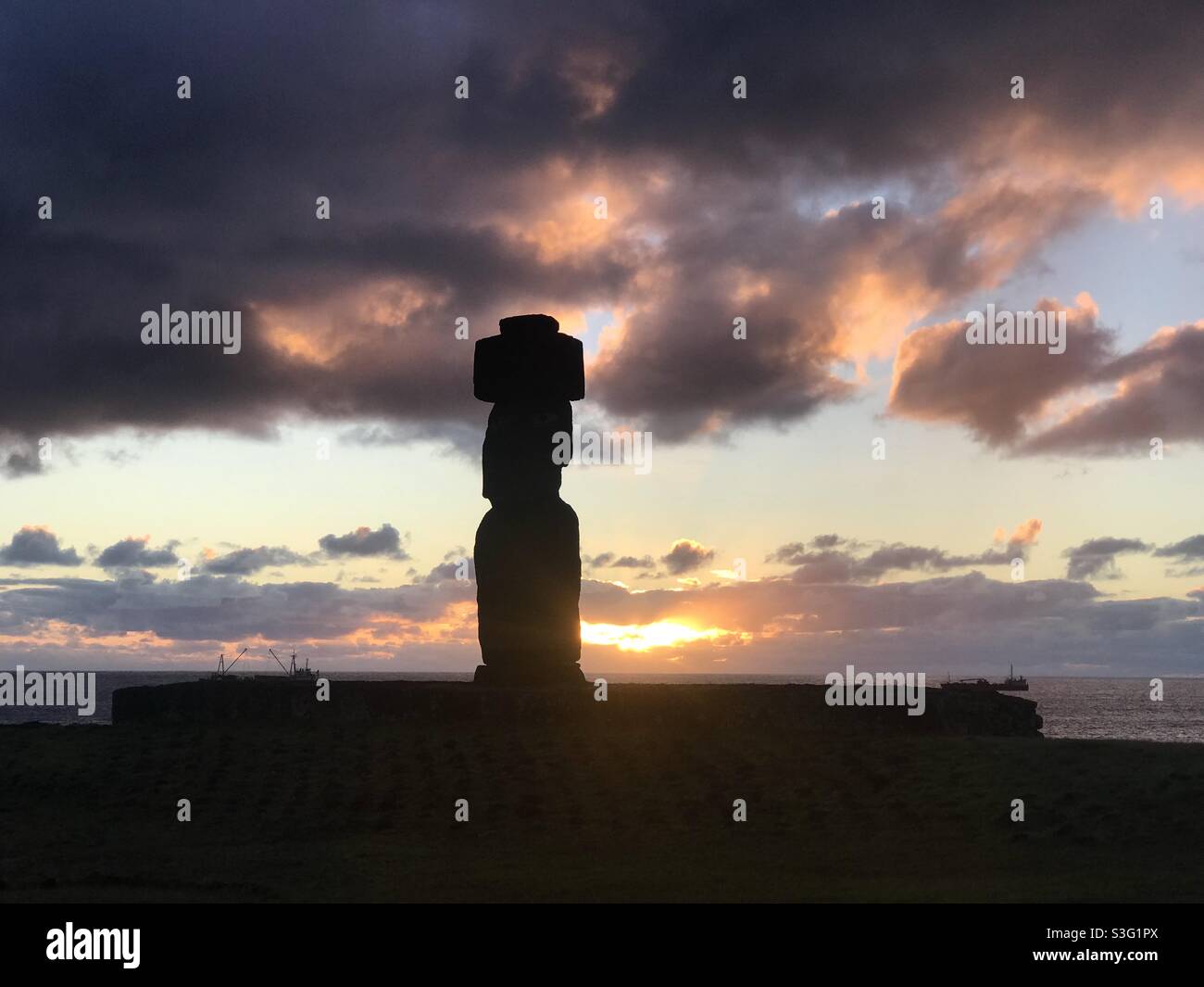 Moai at sunset, Easter Island, Chile - Smartphone Captured Stock Image