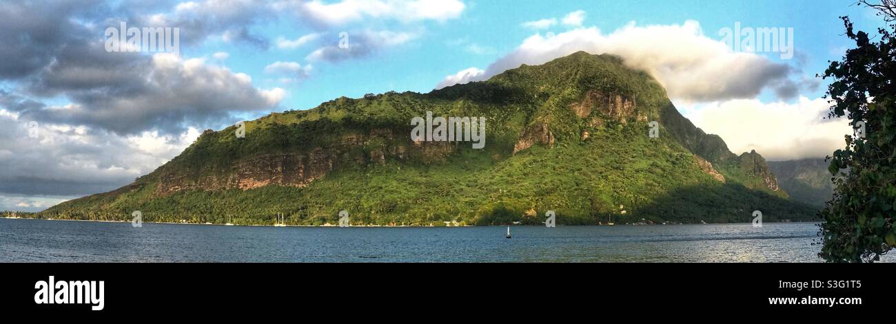 Scenic view across Opunoho Bay on the island of Moorea in French Polynesia - Smartphone Captured Stock Image