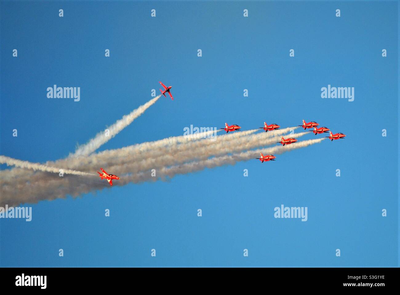G7 Summit Cornwall: The RAF Red Arrows performing over Carbis Bay / St Ives in Cornwall. Stock Photo