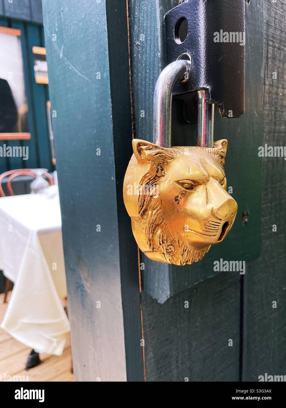 Padlock in the shape of a Lions head on in New York City outdoor restaurant patio door, USA - Smartphone Captured Stock Image