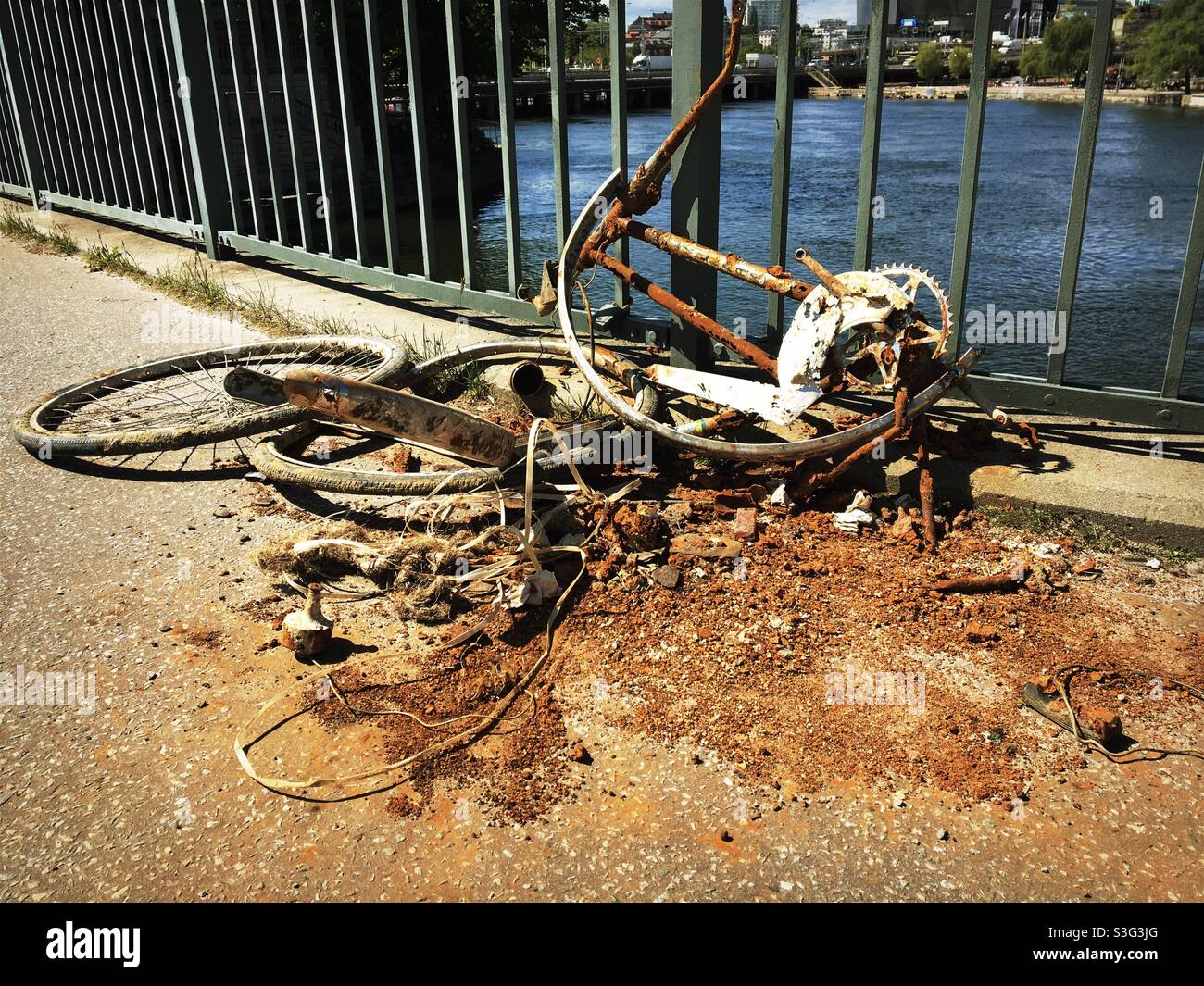 Rusted away bike, bicycle, cycle on bridge in Stockholm, Sweden - Smartphone Captured Stock Image Rusted away bike, bicycle, cycle on bridge in Stockholm, Sweden - Smartphone Captured Stock Image