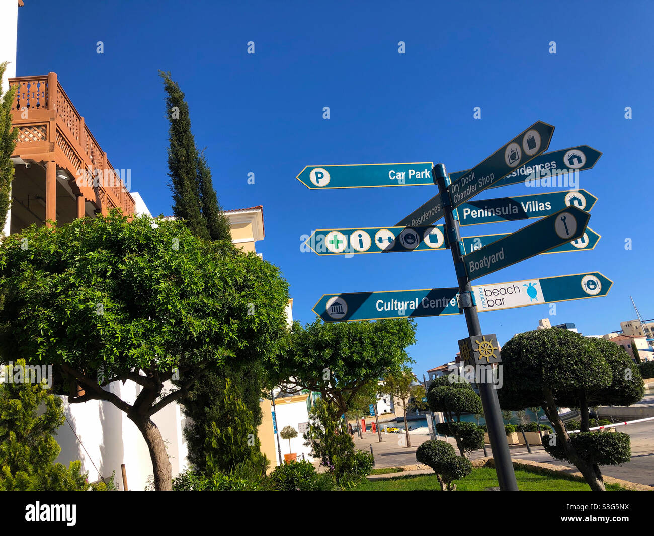 Street sign in the marina area of Limassol, Cyprus Stock Photo