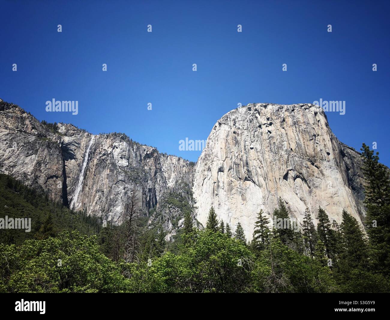 El Capitan with the rarely visible Ribbon Falls in Yosemite Valley
