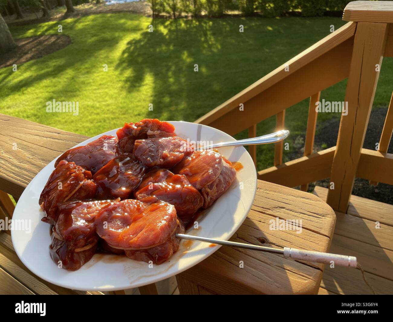 Raw marinated pork tenderloins with digital meat thermometers rest on the ledge of a wooden deck with a green lawn in the background, USA - Smartphone Captured Stock Image