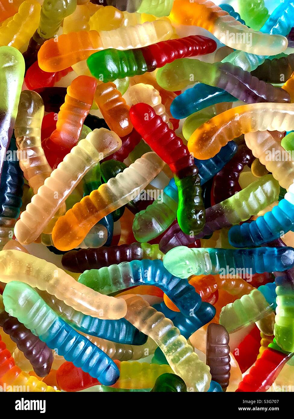 Full frame of colorful gummy worms Stock Photo