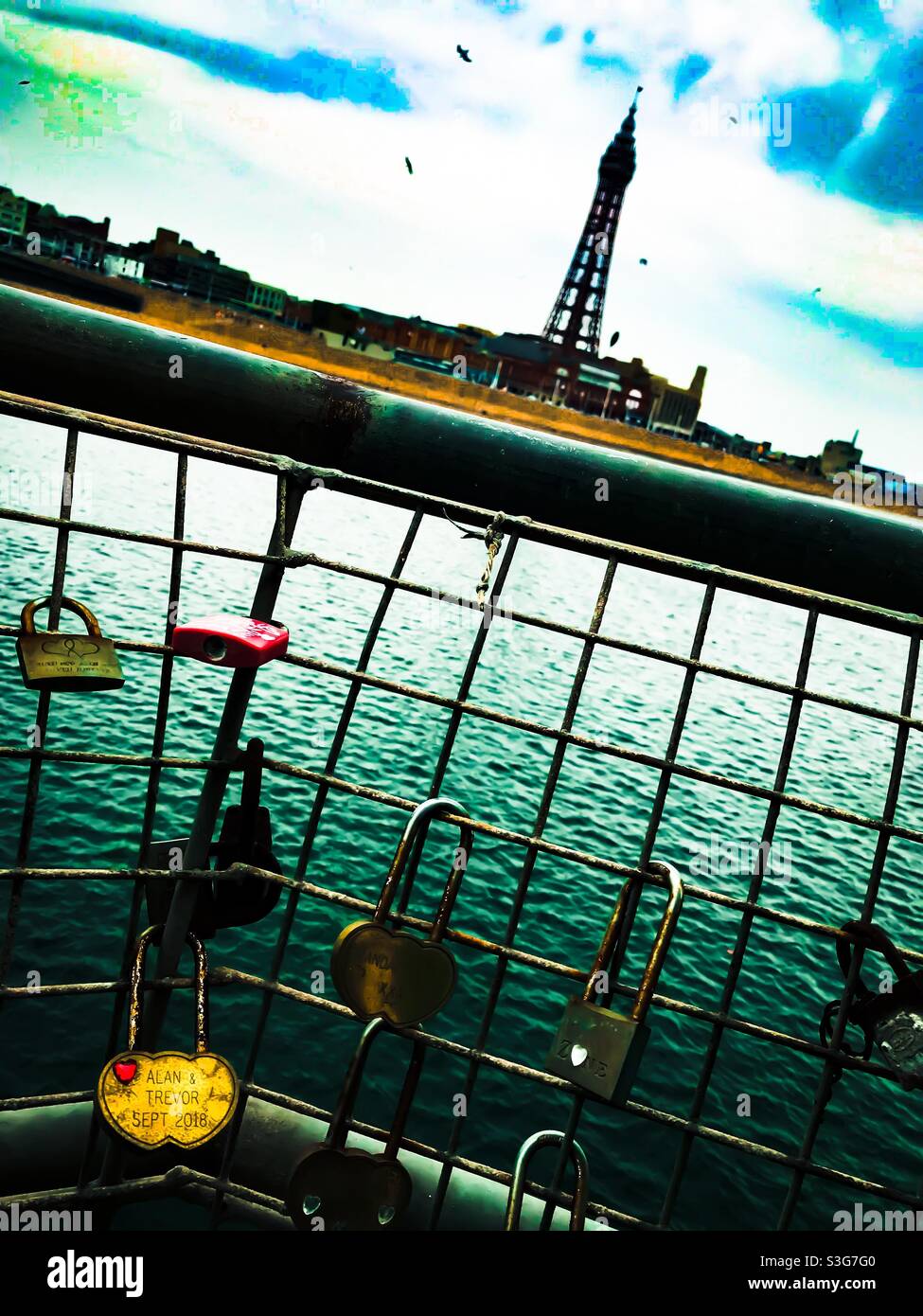Blackpool tower and love locks on pier - Smartphone Captured Stock Image