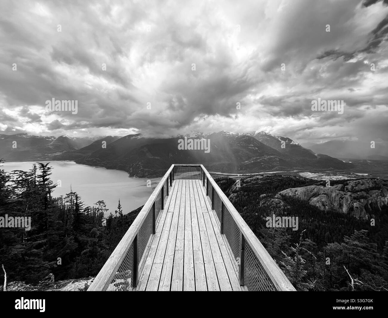 Chief overlook viewing platform overlooking the Howe Sound. Squamish, BC. Canada. Stock Photo