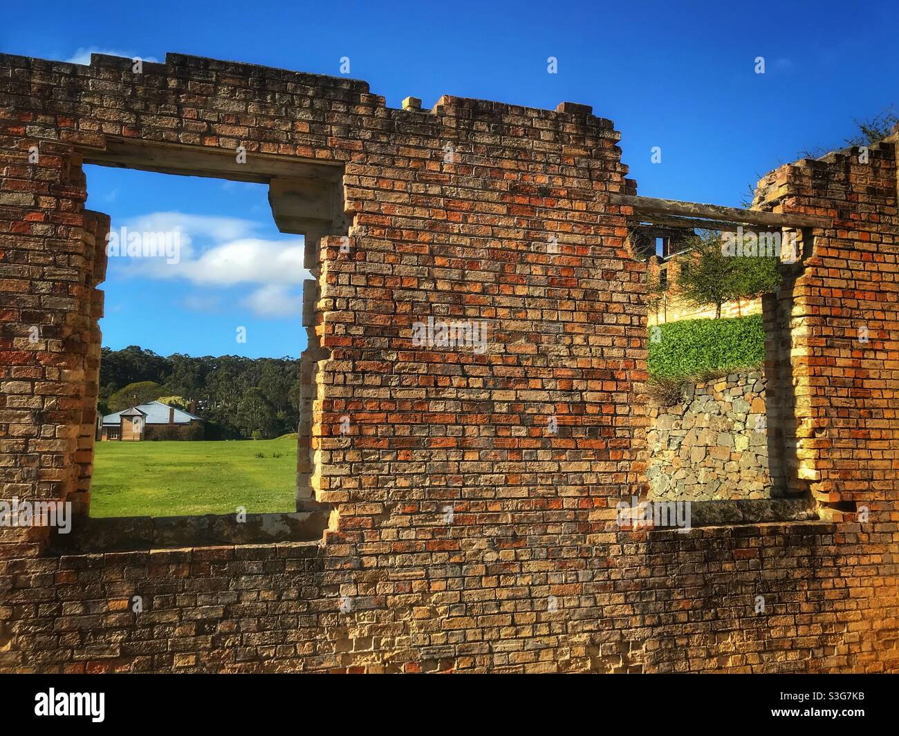 Windows in the remains of the jail building at Port Arthur historic site in Tasmania, Australia - Smartphone Captured Stock Image