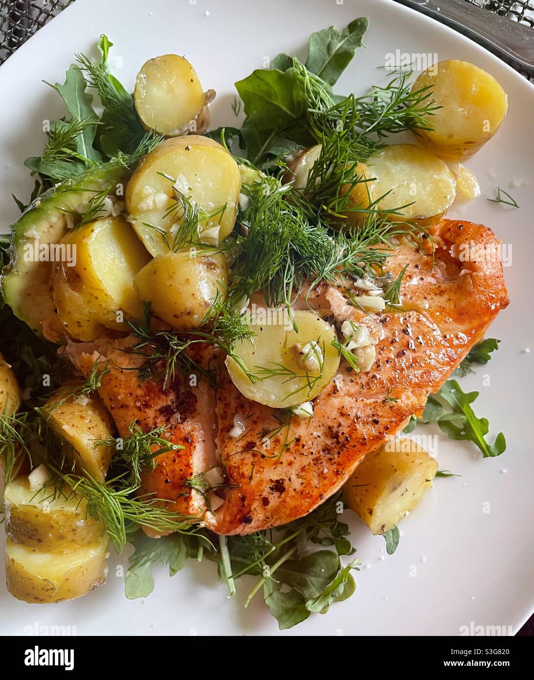 Close Up of Grilled Salmon and New Potato Entree,  USA - Smartphone Captured Stock Image