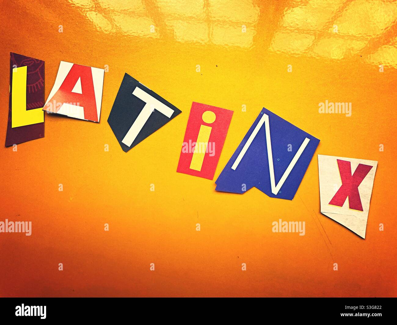 Ransom note style spelling the word Latinx, USA - Smartphone Captured Stock Image