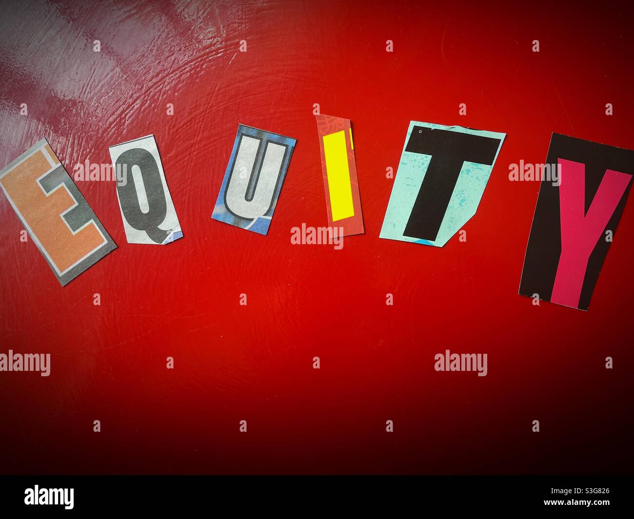 Ransom note style spelling the word equity, USA - Smartphone Captured Stock Image