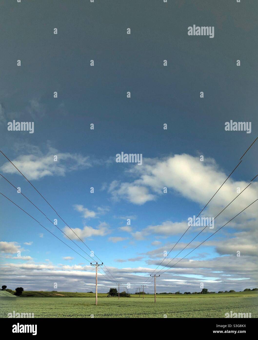 Electricity power lines across arable farmland in North Yorkshire, England, United Kingdom - Smartphone Captured Stock Image