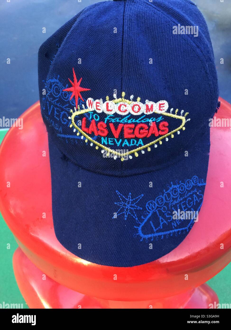 Welcome to las Vegas, iconic image. Official logo. Concepts: gambling romanticized, glamorized, upscale, high class. Monogrammed - Smartphone Captured Stock Image