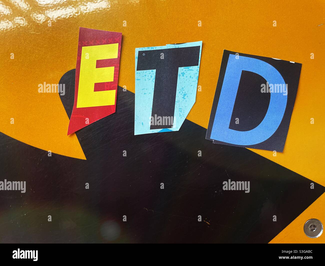 Ransom note style Cut out letters ETD, USA - Smartphone Captured Stock Image