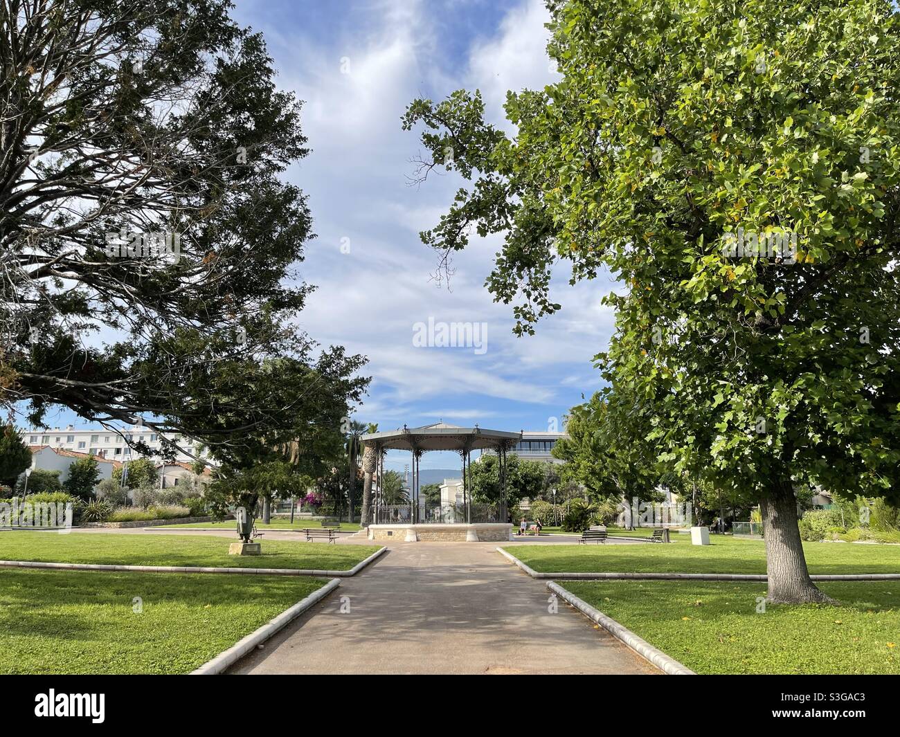 Public park with a gazebo near downtown La Ciotat, near Marseille, Bouches-du-Rhône, Provence-Alpes-Côte d'Azur, south of France - Smartphone Captured Stock Image