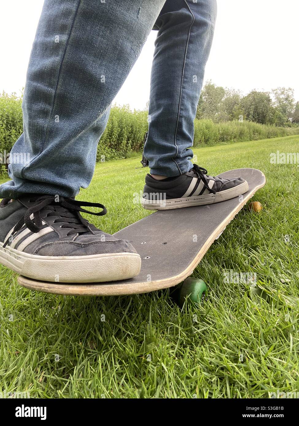 Skateboarding on grass Stock Photo - Alamy