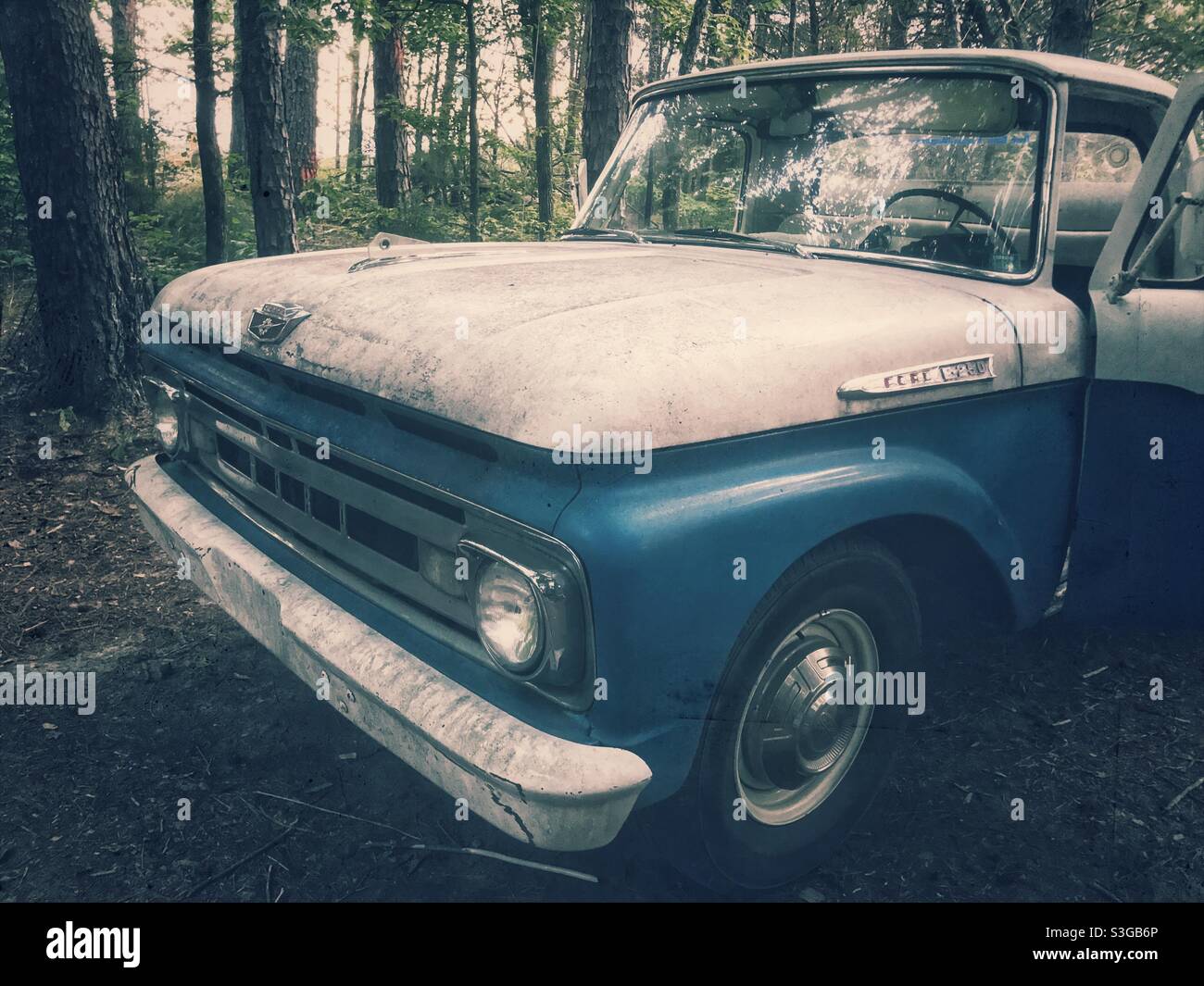 Vintage 60s Ford F-250 in blue and white, 3/4 view Stock Photo