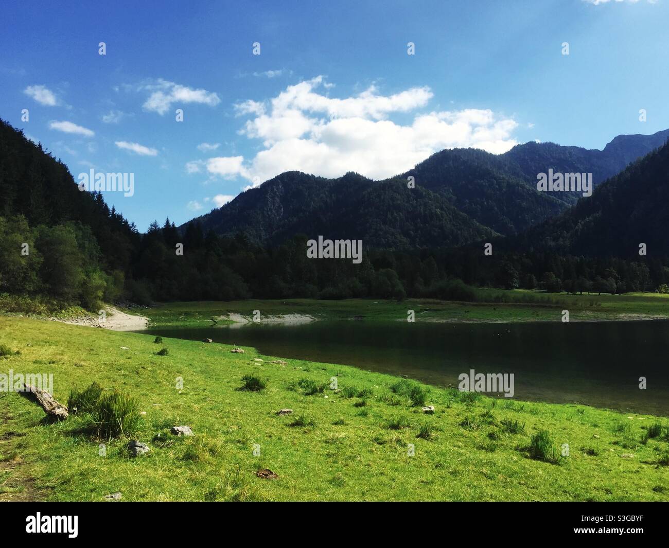 Beautiful landscape with lake in the Bavarian Alps in Germany - Smartphone Captured Stock Image